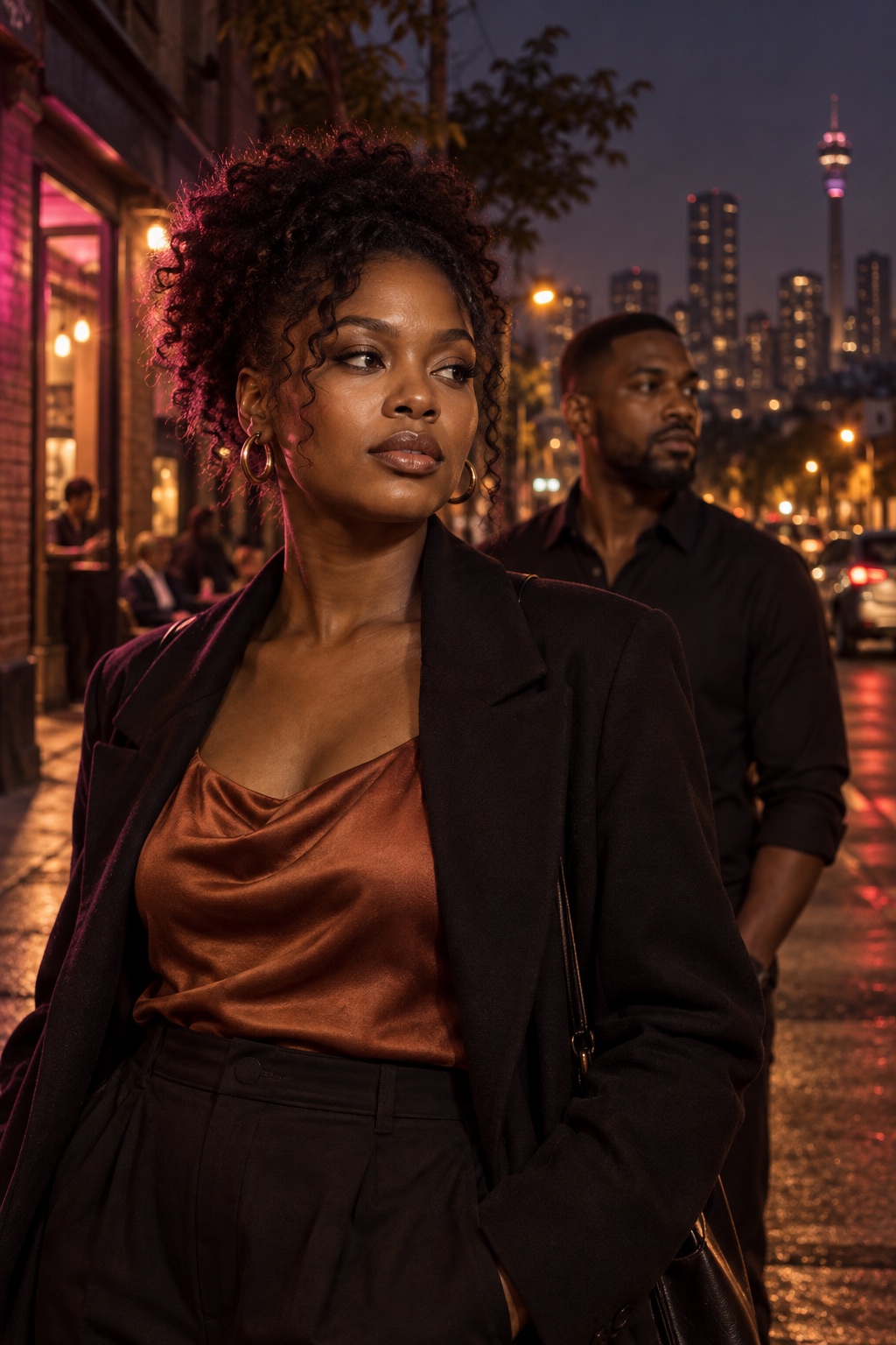 Illustrative concept artwork of a fictional woman and man on a South African city street at night.